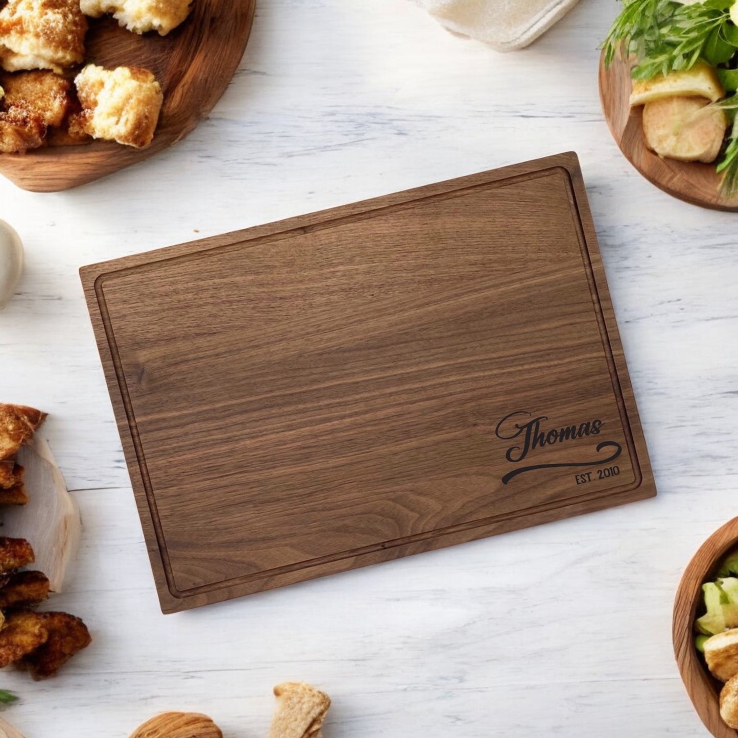 Heritage Curve Engraved Black Walnut Cutting Board with Juice Ring