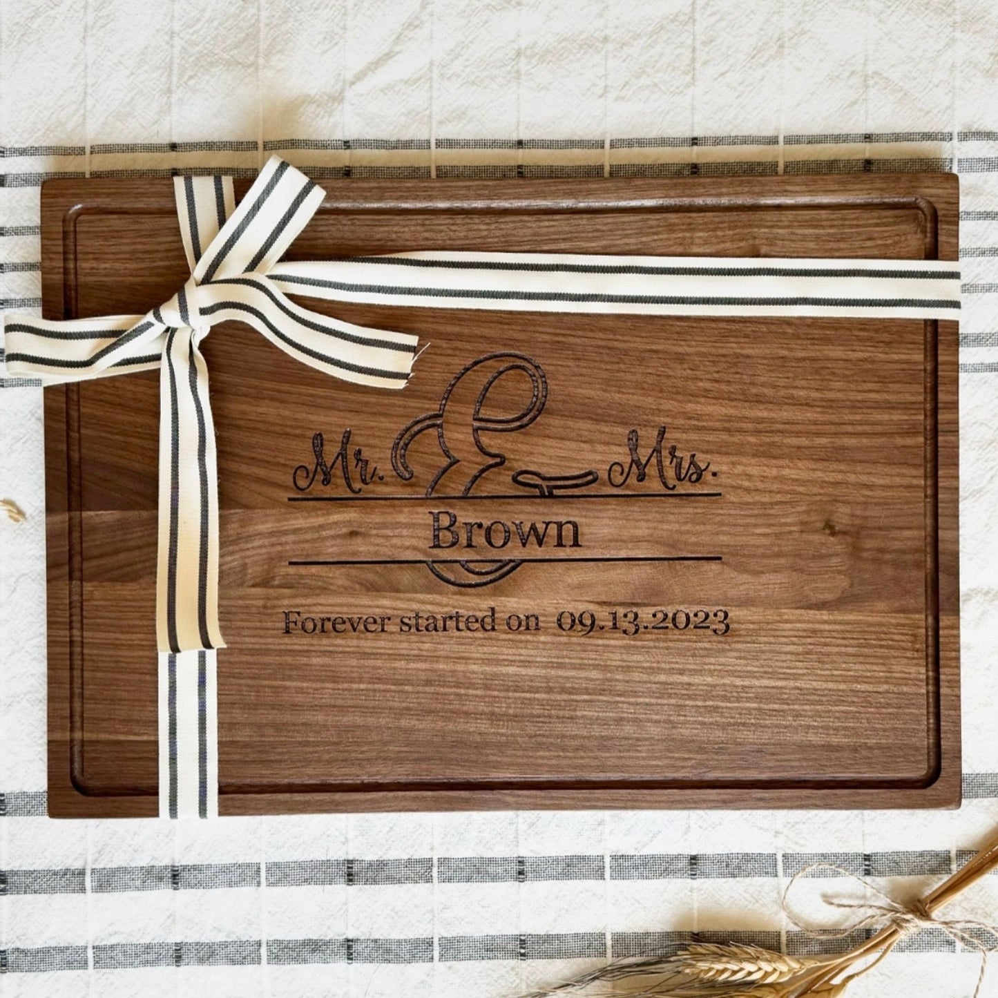 MR. & MRS. Engraved Black Walnut Cutting Board with Juice Ring