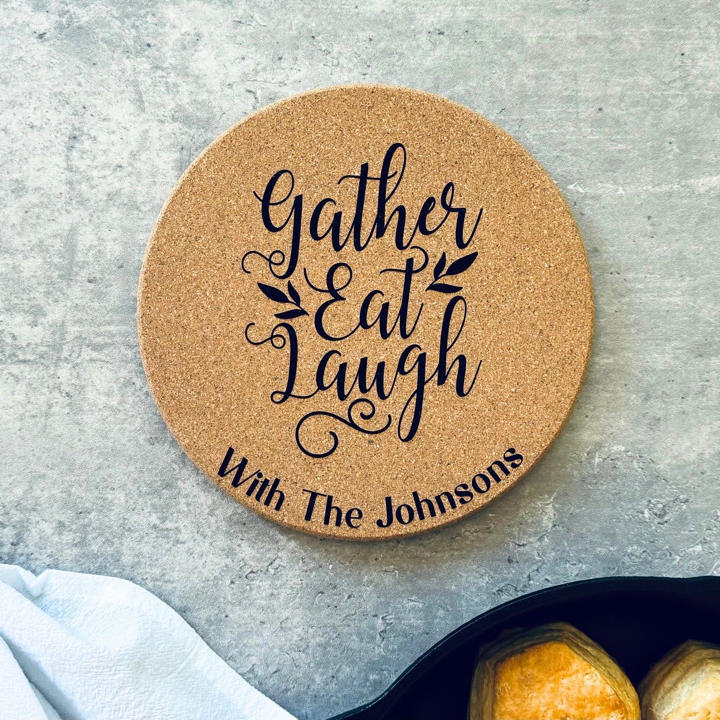 Gather, Eat, Laugh Personalized Cork Trivet