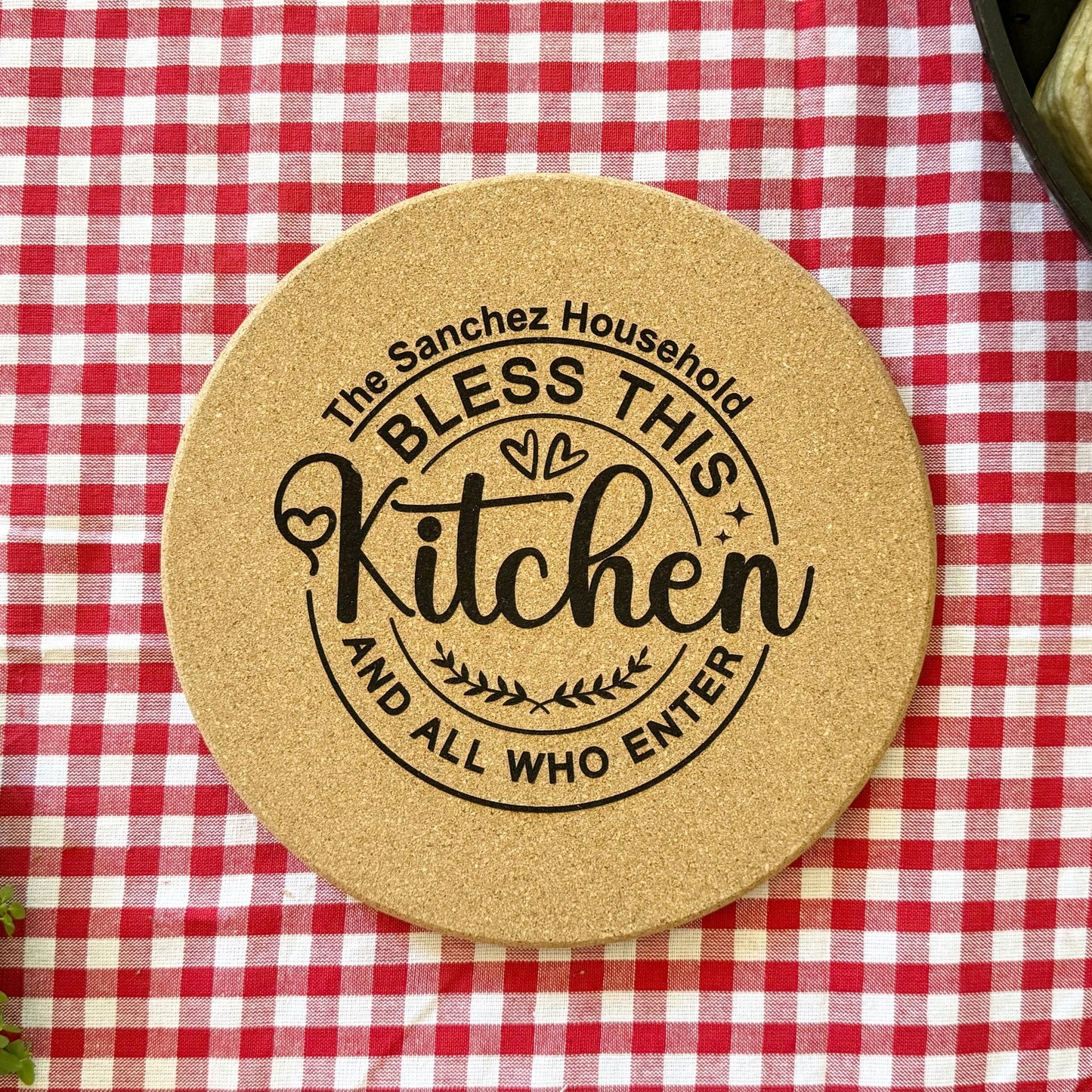 Bless This Kitchen Personalized Cork Trivet – Heart Design