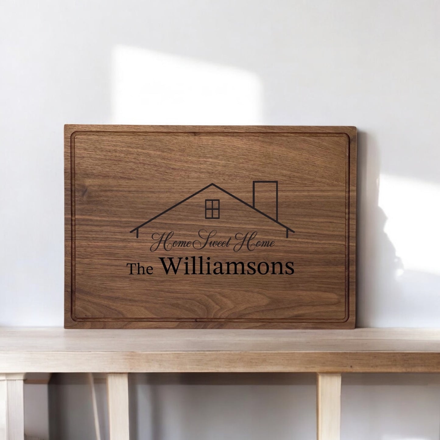 Sweet Home Family Engraved Black Walnut Cutting Board with Juice Ring