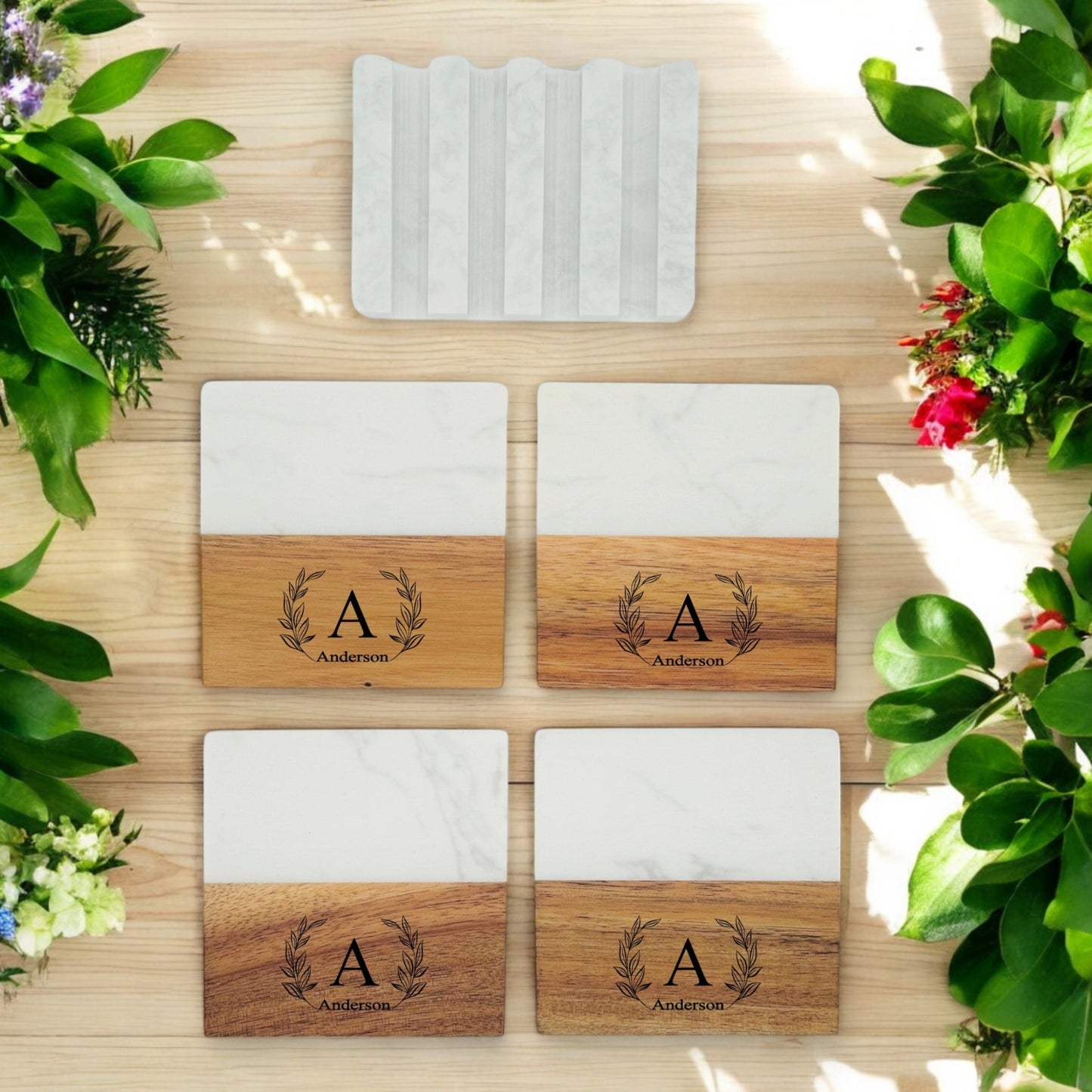 Family Wreath Marble & Wood Coaster Collection – 4 Pieces with Holder