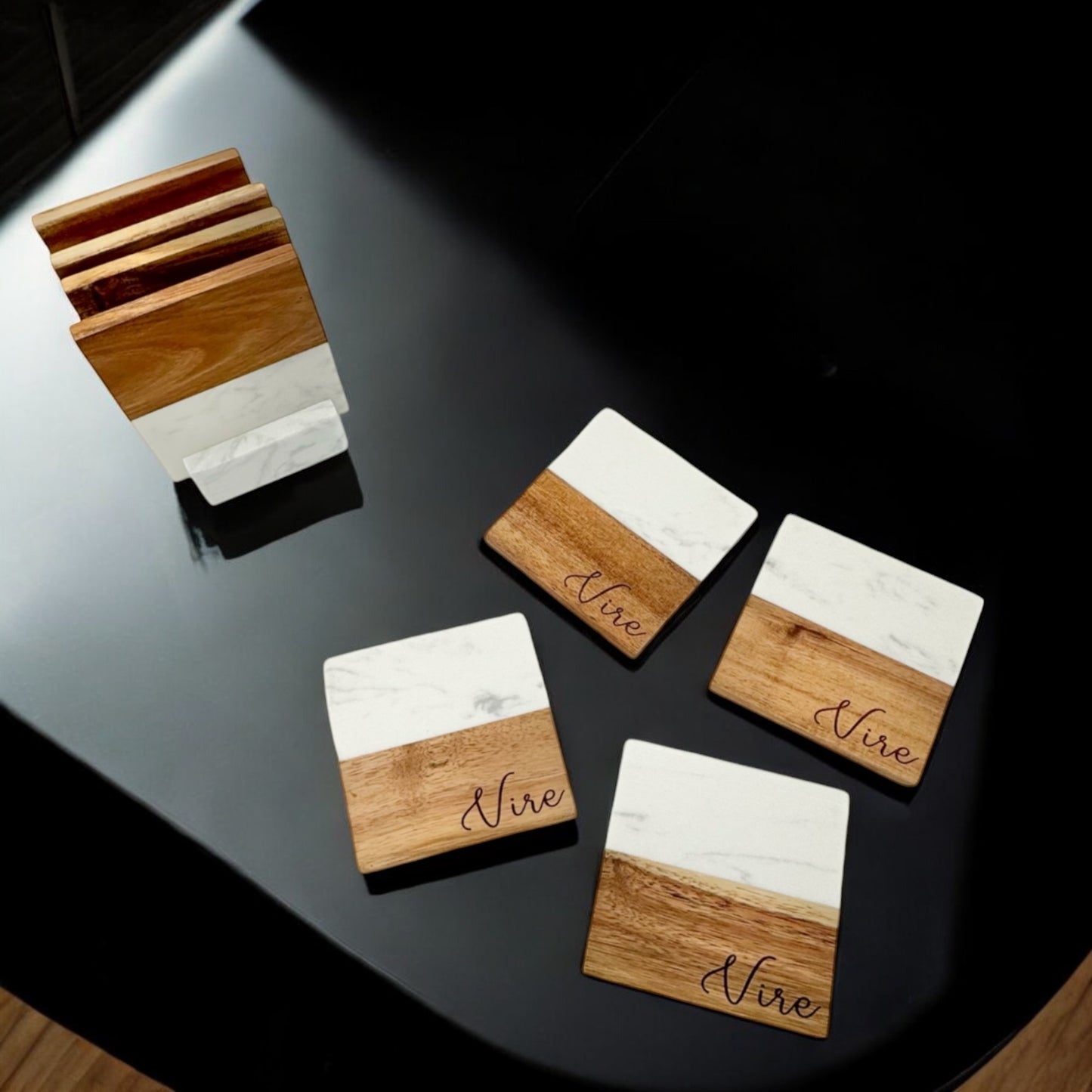 Family Name Marble & Wood Coaster Collection – 4 Pieces with Holder