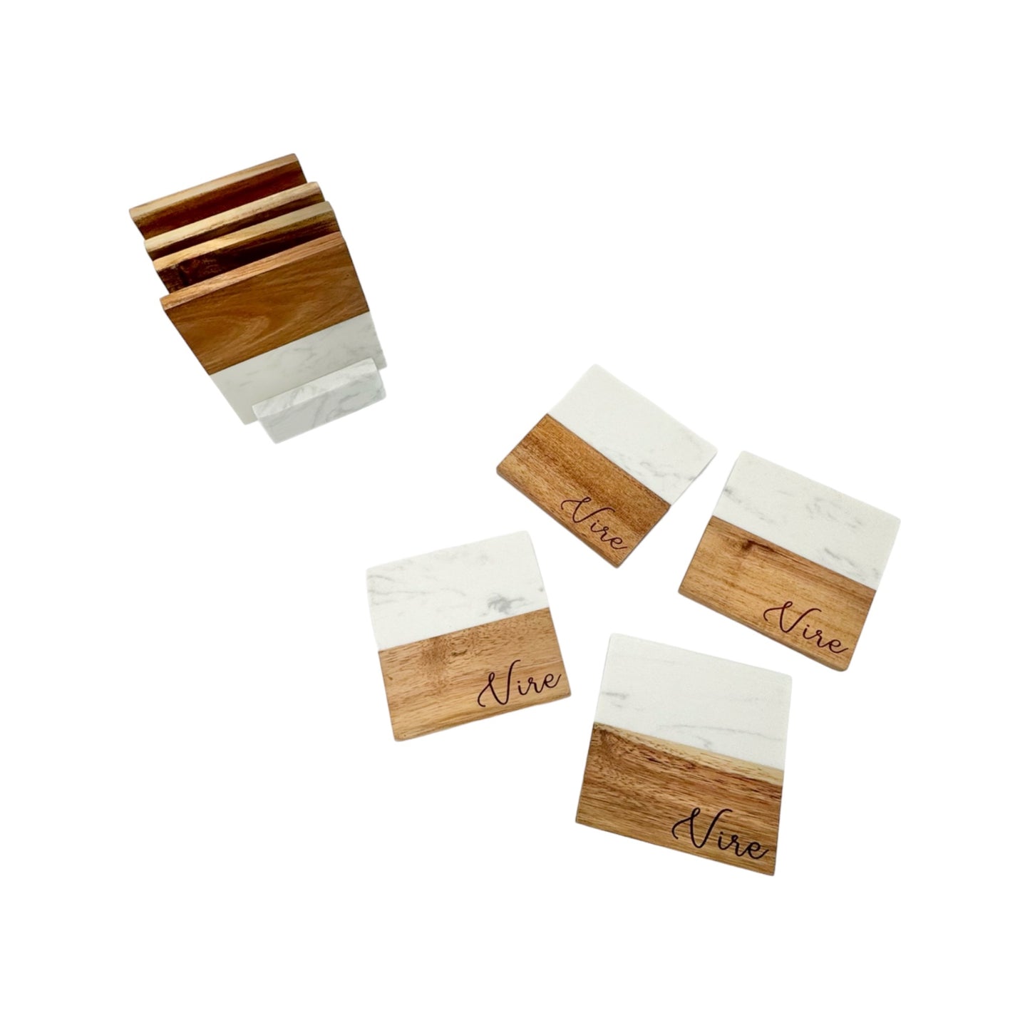 Family Name Marble & Wood Coaster Collection – 4 Pieces with Holder