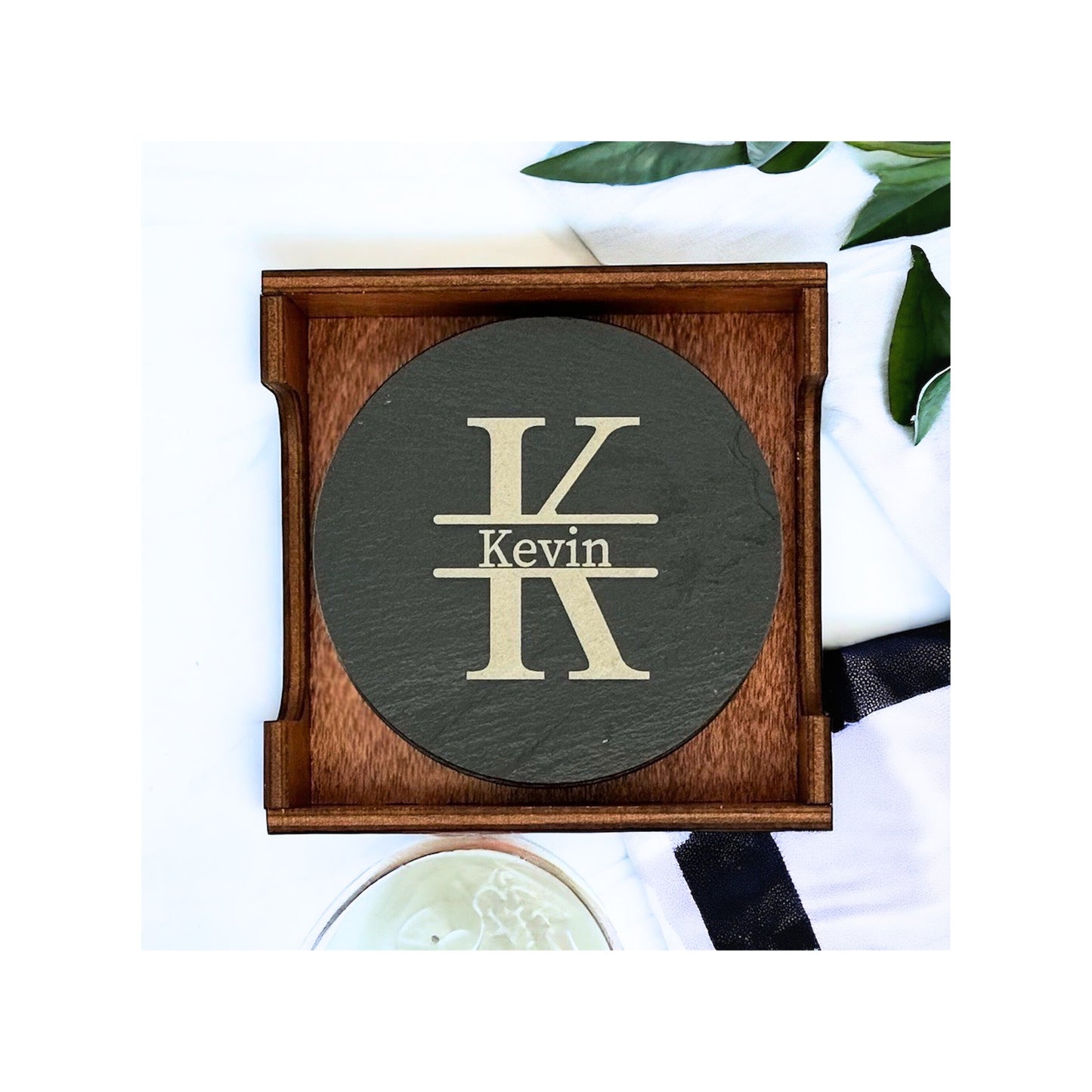 Name Inside Initial Coaster Collection – 4 Pieces, Multiple Materials