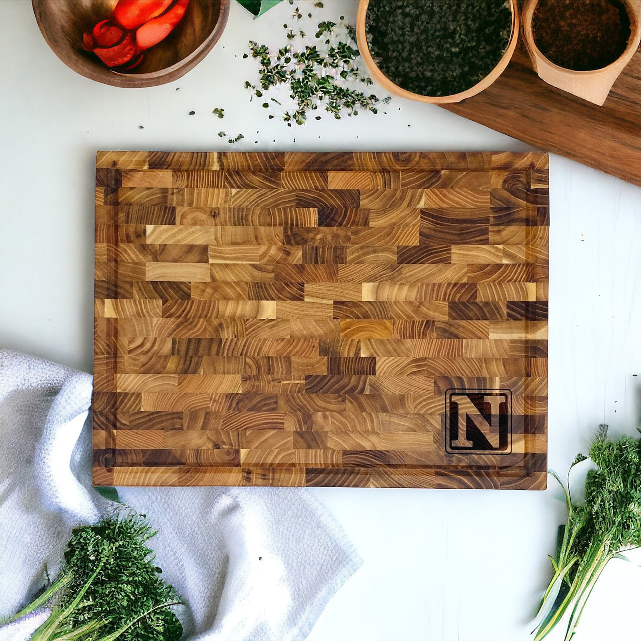 Initial Imprint Premium Teak End Grain Cutting Board